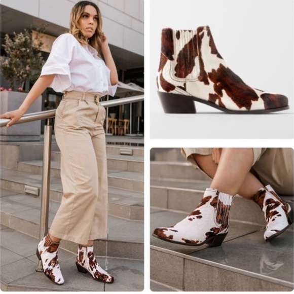 Zara Shoes Zara Leather Cow Animal Print Cowboy Ankle Boots Booties